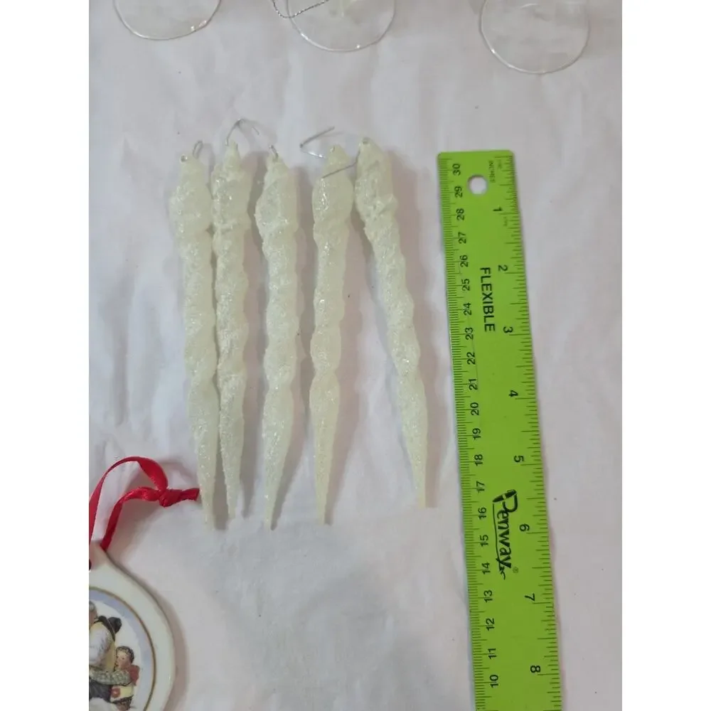 Vintage Christmas Ornaments Frosty Sparkly Icicles & 4 Glass Bells Star Angel